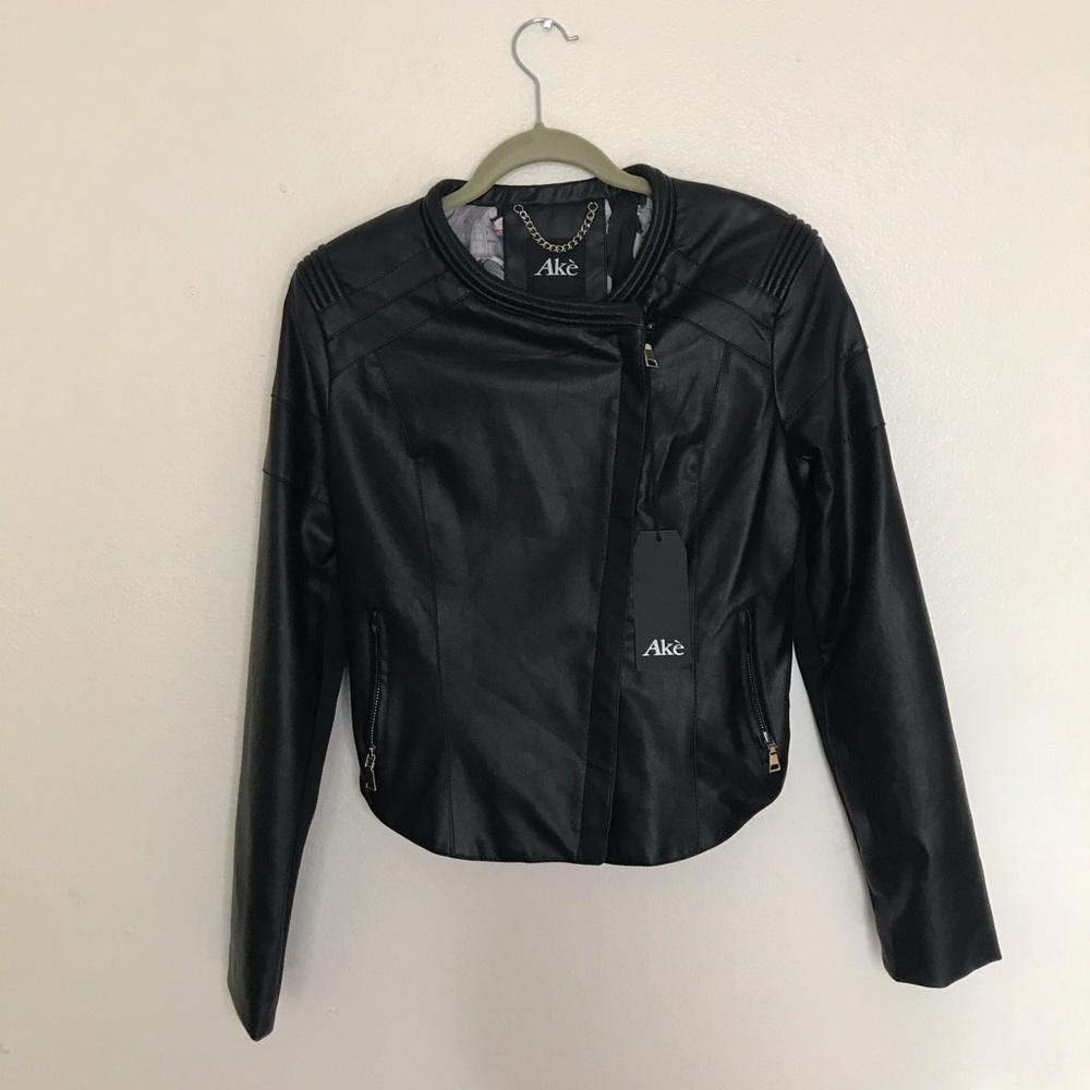 Italian black leather jacket with inside print M